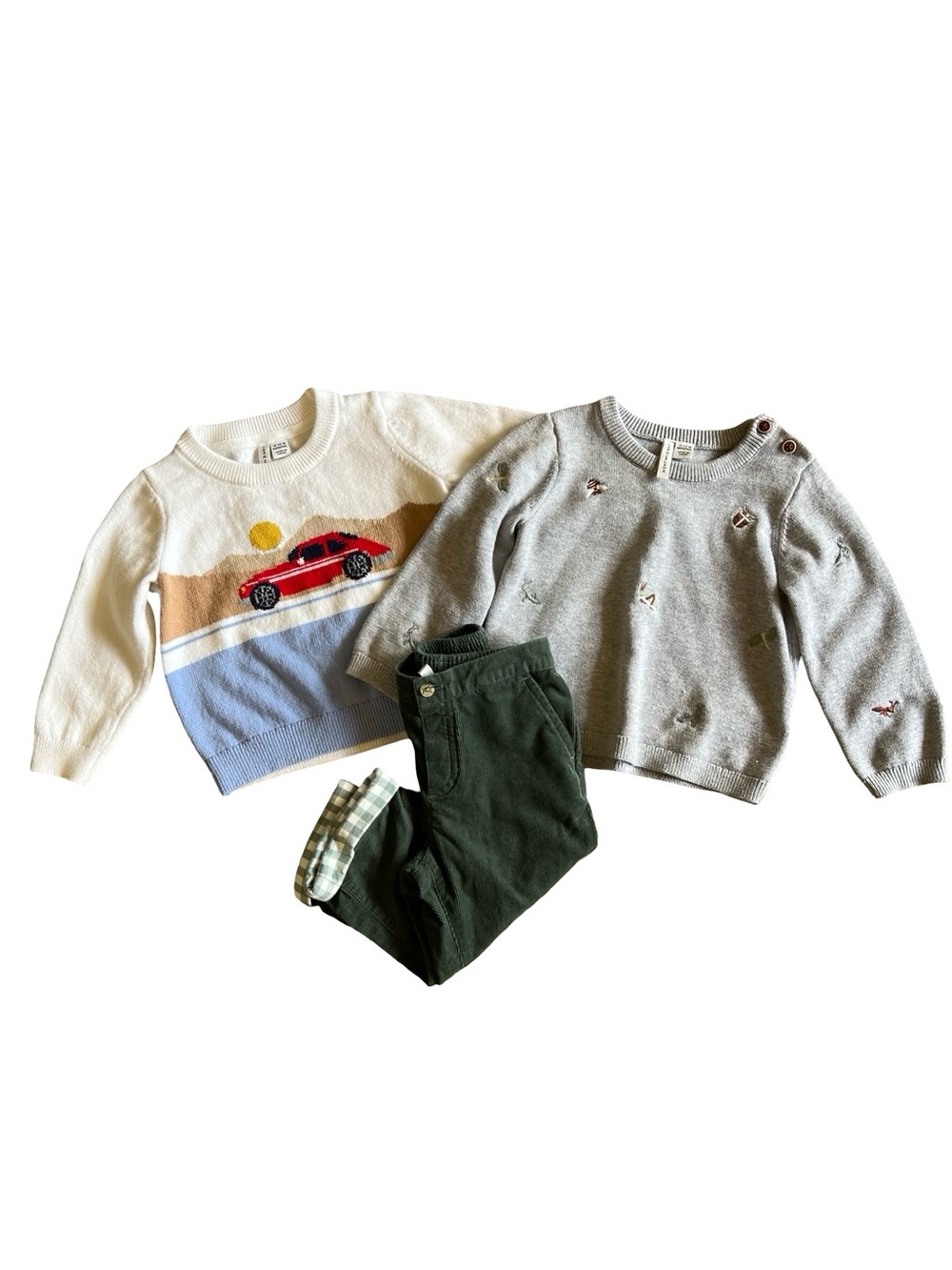 JANIE and JACK 12-18mo Boy 3-piece Set Racecar Insect Bug Sweaters & Green Cords